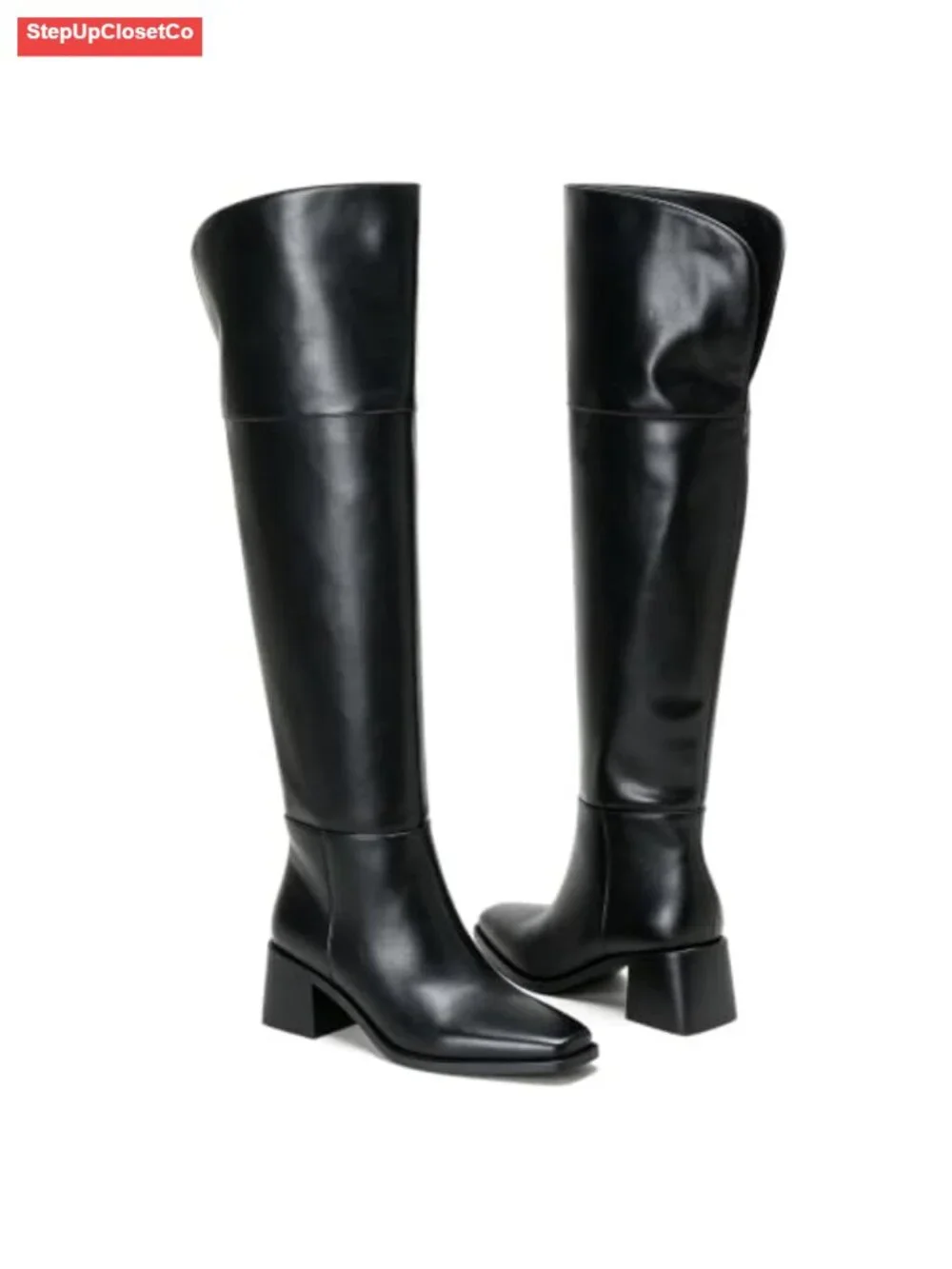 Over the Knee Thigh High Boots Square Toe Block Heel Side Zipper Women's Shoes